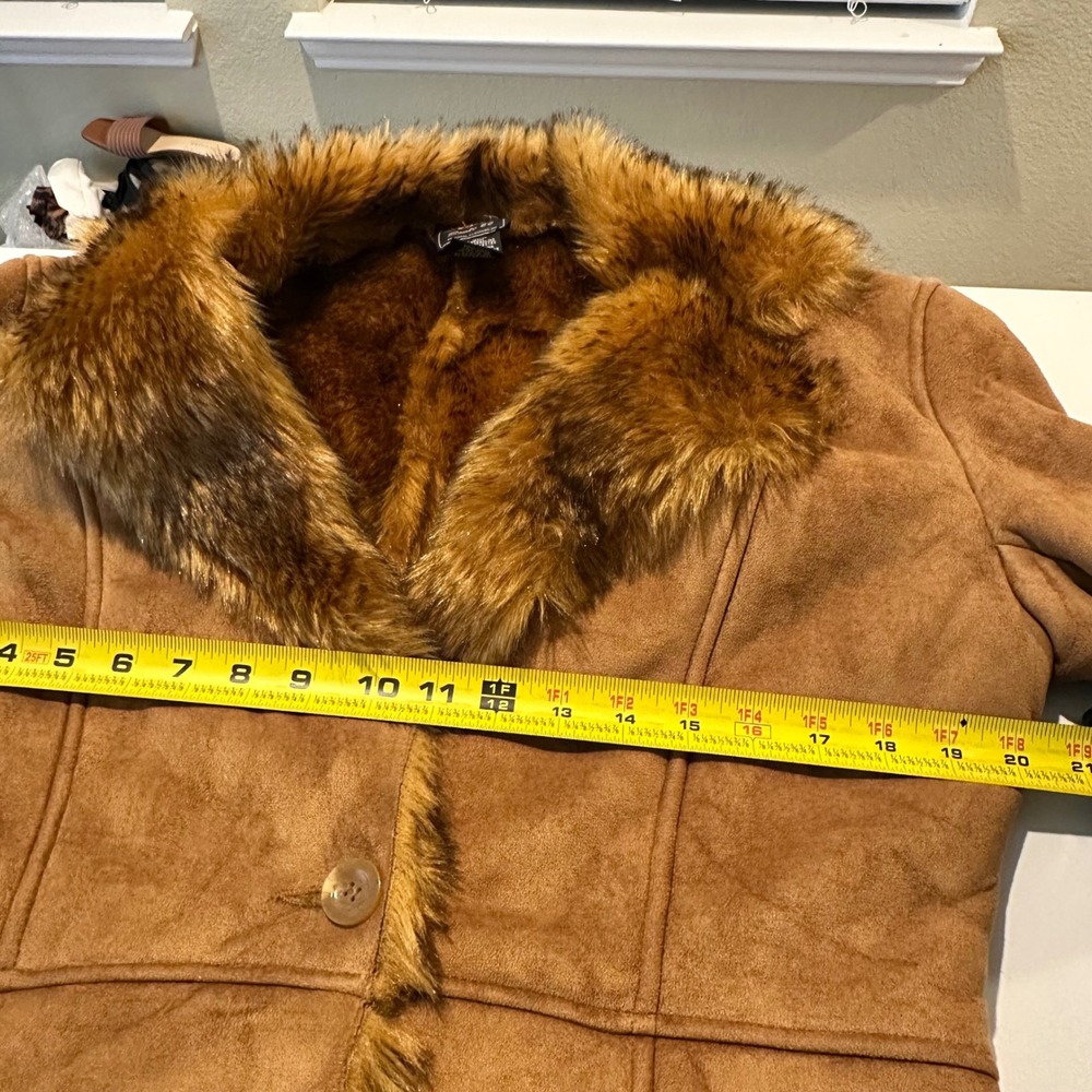 Route 66 Tan Faux Suede Shearling Penny Lane Coat Faux Fur Trim Medium - Picture 7 of 8